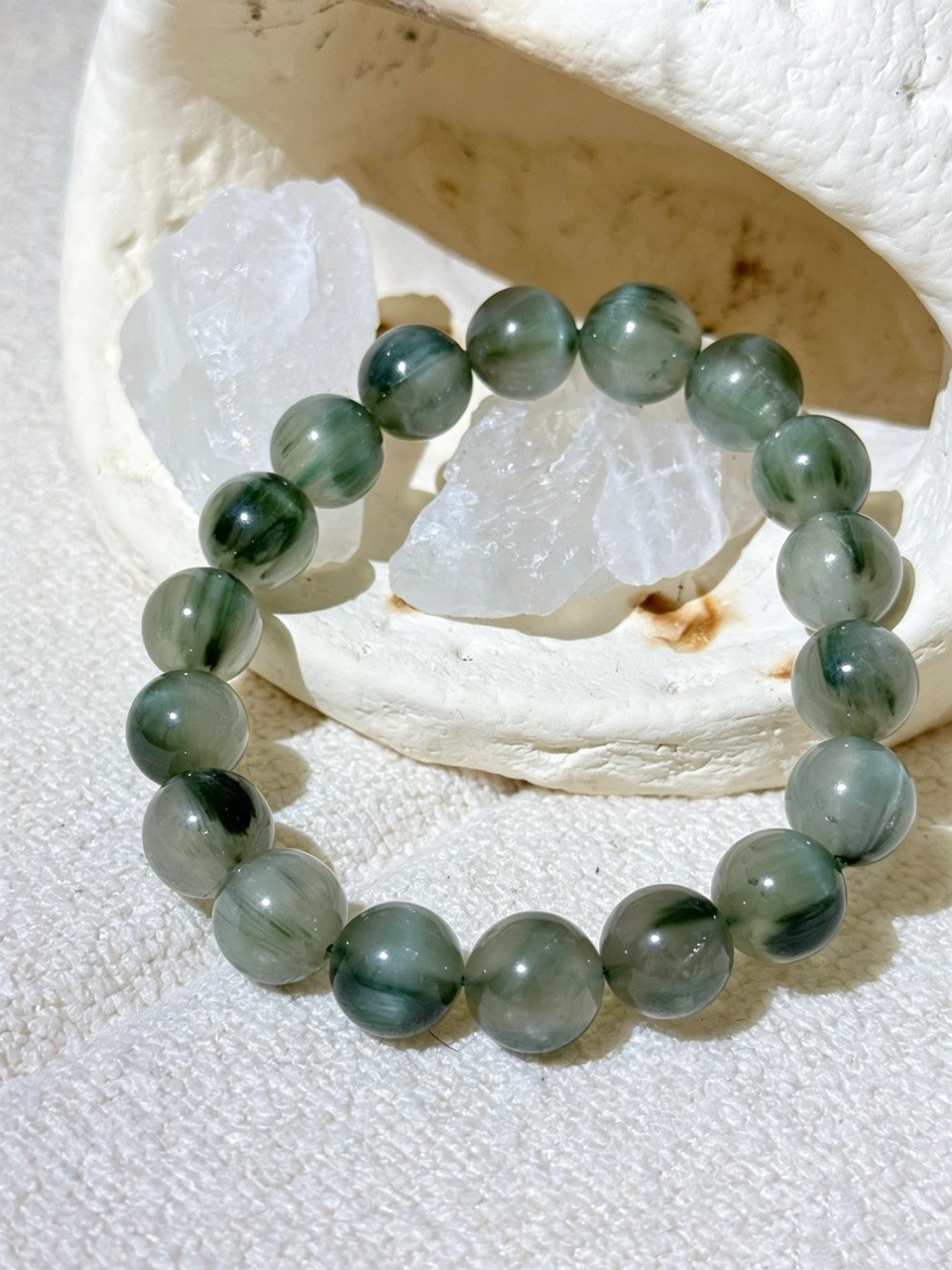 Forest Cat's Eye Quartz - Green Rutilated Quartz Cat's Eye Beaded Bracelet